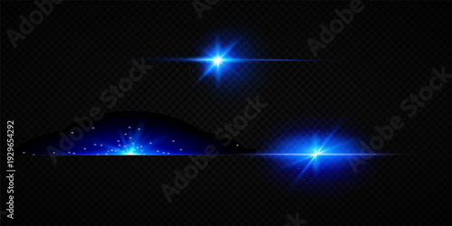 Colorful Star Light Effect Collection with Blue, Golden, and Yellow Glowing Starlight Sparkle Rays and Lens Flare Illumination on Transparent Background