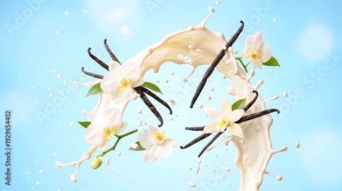 Vanilla pods with flowers and milk splash in air on light blue background, fresh flavor concept.