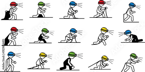 Figures in hard hats with lights explore, crawl, and move in various poses