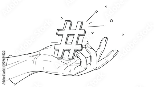 Close up of a hand holding a large three dimensional hashtag symbol used for social media trends, tagging, and communication.