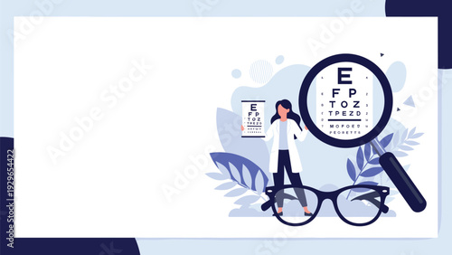 Female ophthalmologist holding an eye test chart seen through a large magnifying glass with eyeglasses in the foreground.