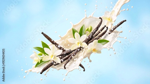 Vanilla pods with flowers and milk splash in air on light blue background, fresh flavor concept.