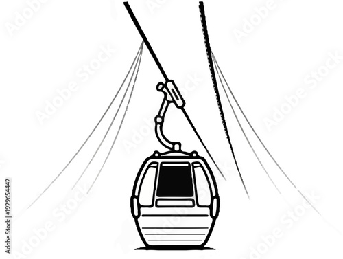 Gondola car suspended from a cable against a white background with dashed lines