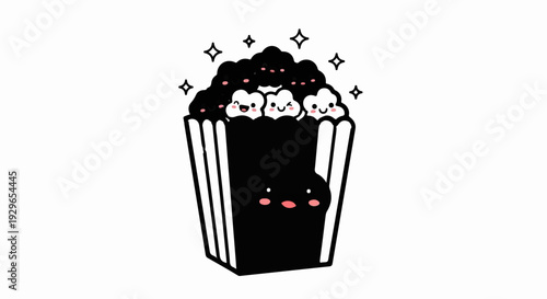 Adorable cartoon bucket filled with smiling popcorn kernels and sparkle accents