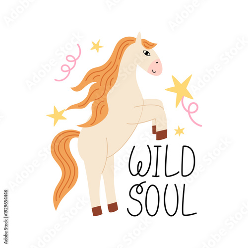 Handwritten quote "wild soul" and white horse rearing up. Vector flat illustration of animal and lettering