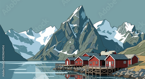 Serene fjord landscape with red wooden houses and snow-capped mountains.