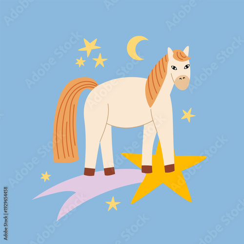 Cute white horse and stars. Childish vector flat illustration