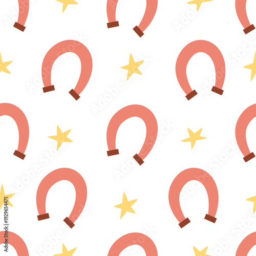 Seamless pattern with simple horseshoes and stars. Vector flat western background