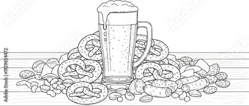 A mug of frothy beer sits atop a pile of pretzels, nuts, and sausages on wooden planks