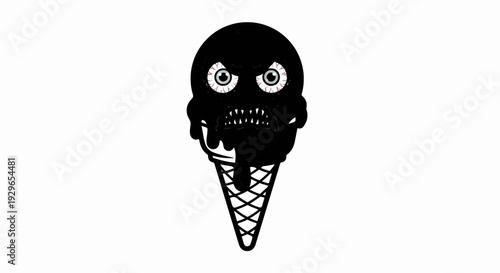 A spooky black ice cream cone with an angry face and sharp teeth
