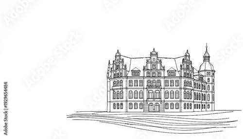 Detailed sketch of an ornate, multi-story building with gabled roofs and a tower