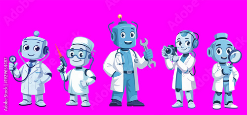Cute Robot Professionals - Cartoon Characters in Lab Coats Set