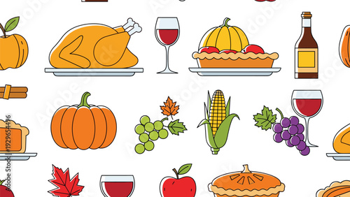 Seamless thanksgiving food pattern with roasted turkey, pumpkin pie, wine, corn, and autumn leaves for festive dinner decoration.