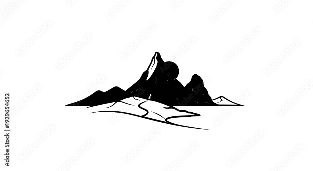 Fototapeta premium A stylized ink drawing depicts a dramatic mountain range with a circular orb behind peaks