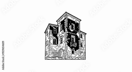 Old, crumbling stone building with arched entrance and upper balcony