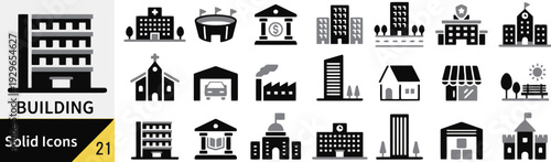 Building solid icon set, collection of 21 filled glyphs showing various types of structures and landmarks