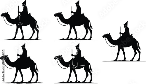 Black silhouettes of people riding camels rider desert