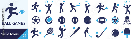 Ball games solid icons vector. modern flat line vector illustration. various sports activities and equipment pictogram