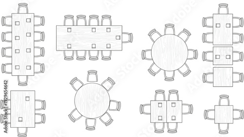 Wooden conference table layout collection, round and rectangular boardroom seating arrangement top view office meeting furniture floor plan vector outline
