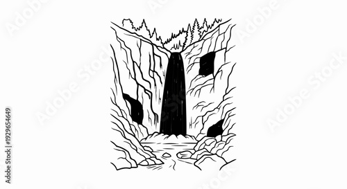 Stark ink sketch of a powerful waterfall cascading into a rocky pool amid dense trees
