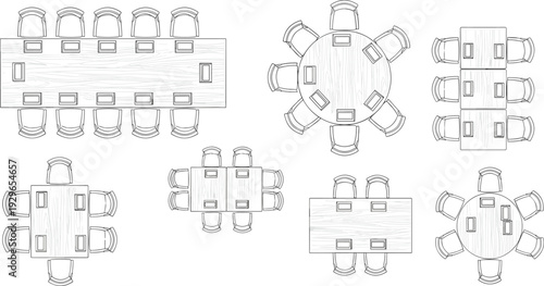 Wooden conference table layout set, round and rectangular boardroom seating arrangement top view office meeting furniture vector outline illustration
