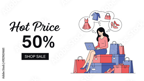 Woman sitting on a pile of boxes while shopping online with her laptop and dreaming of new dresses, shoes, and accessories.