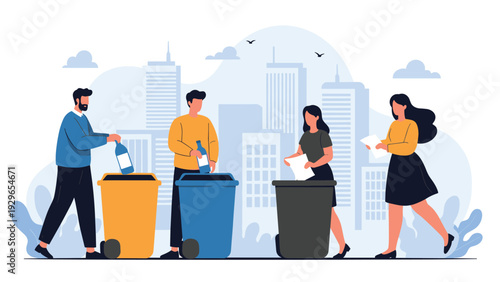 Citizens sorting different types of waste into colorful recycling bins in front of a modern city skyline for environmental help.