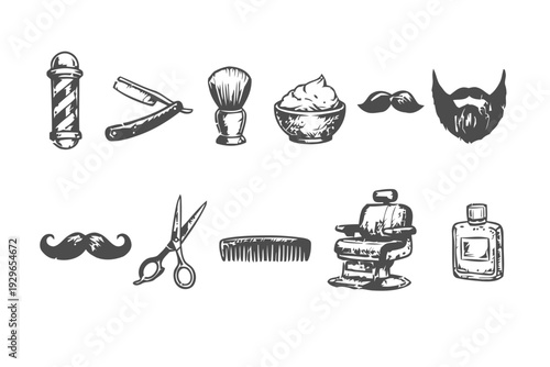 Barber shop and grooming tools icons Barber pole straight razor shaving brush mustache beard scissors