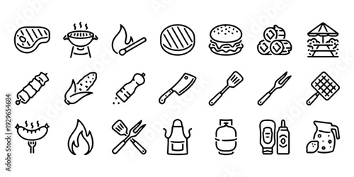 Barbecue and grill icons for summer party and picnic food preparation