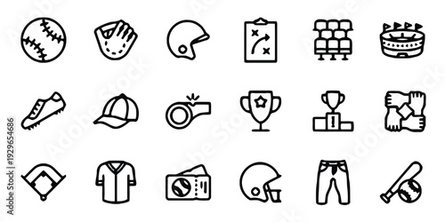Baseball sports icons set. Equipment and game symbols for baseball team and league.