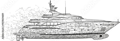 Wireframe luxury yacht in disarray with abstract mesh dissolving into particles