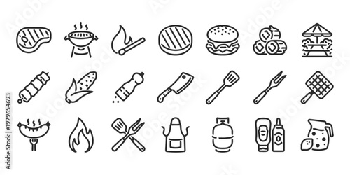 Barbecue icons set vector for grill food and outdoor cooking equipment