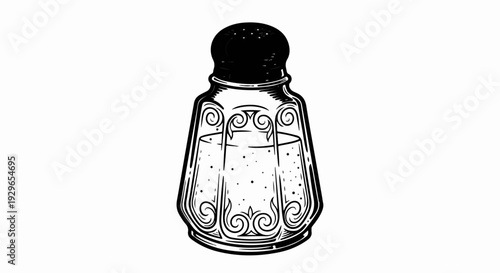 Ornate glass shaker with black cap and decorative swirls