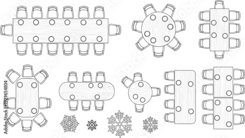 Wooden dining and conference table layout set, round rectangular oval seating arrangement top view furniture floor plan vector outline illustration collection