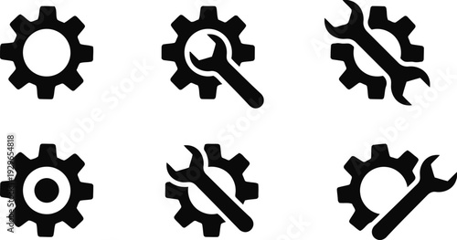 Black and white icons of gears and wrenches for industry and repair