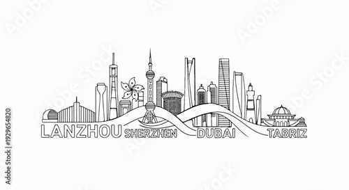 Stylized ink drawing of iconic city skylines, a global architectural panorama