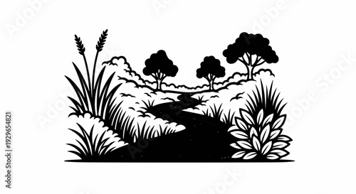 A winding river flows through a grassy landscape with trees