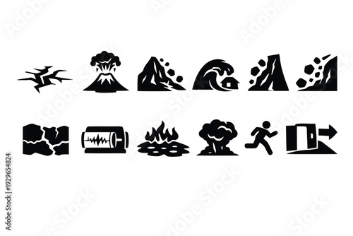 Black and white icons depicting natural disasters and safety measures