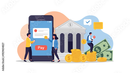 Digital banking and mobile payment concept showing diverse people using a giant smartphone app for financial transactions.