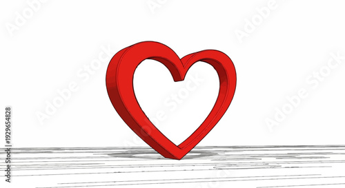 A vibrant red, 3D heart cutout sits on a sketched, striped surface with a plain white background