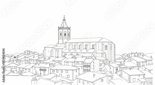 Stylized black and white line drawing of a historic European town with a prominent church