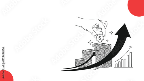Investment and financial growth concept featuring a human hand adding coins to growing stacks of money with rising arrows.
