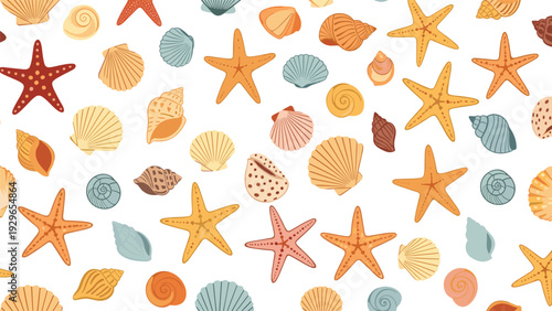 Beautiful seamless background pattern featuring a variety of colorful seashells and starfish on a clean white surface.