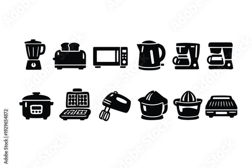 Black icons set for kitchen appliances and cooking equipment