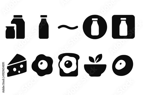 Black silhouette icons of dairy products eggs and avocado for food concepts