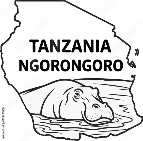 Stylized map outline of Tanzania featuring a hippopotamus in water with text