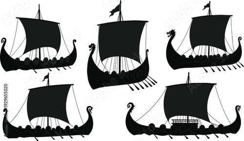 Black silhouettes of six Viking ships with sails on white background sailing vessels