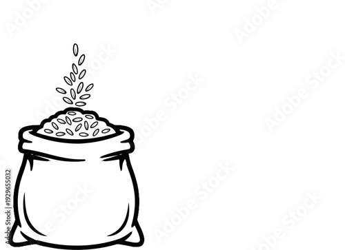 A stylized drawing of a burlap sack overflowing with grain and more spilling upwards