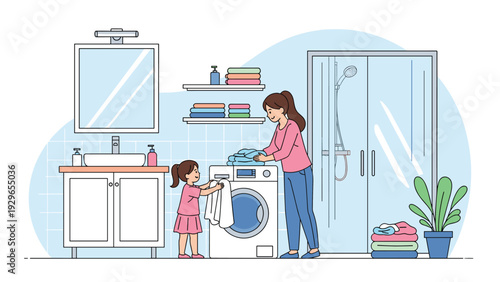 Young girl helping her mother with domestic laundry by placing white clothes into a front loading washing machine.
