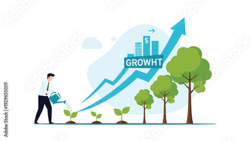 Financial growth and investment concept with a man watering plants that transform into a rising arrow with buildings.